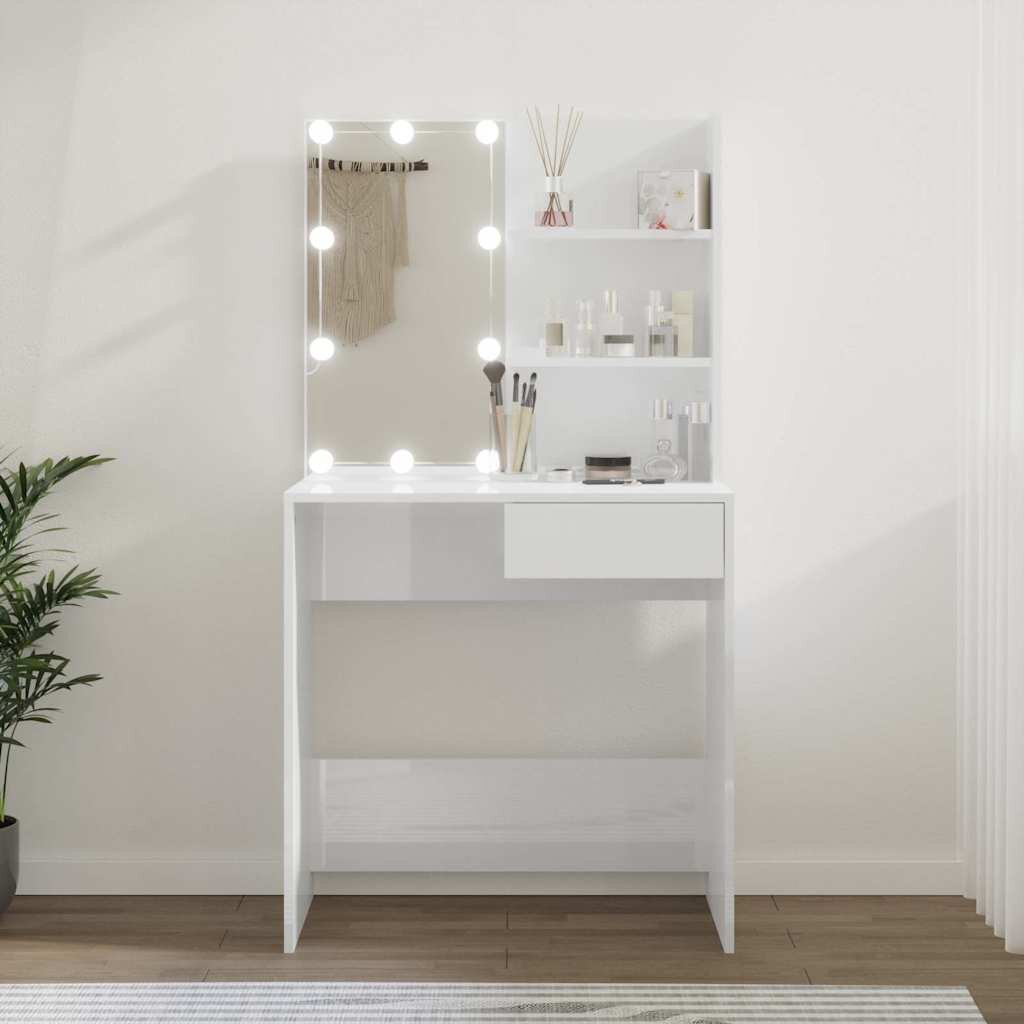vidaXL Тоалетка с LED бял гланц 745x40x141 см