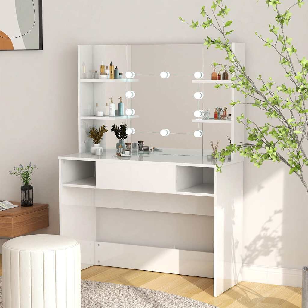 vidaXL Тоалетка с LED лампи 100x40x135 см МДФ сияйно бяло
