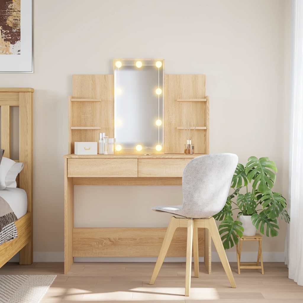 vidaXL Тоалетка с LED лампи сонома дъб 96x40x142 см