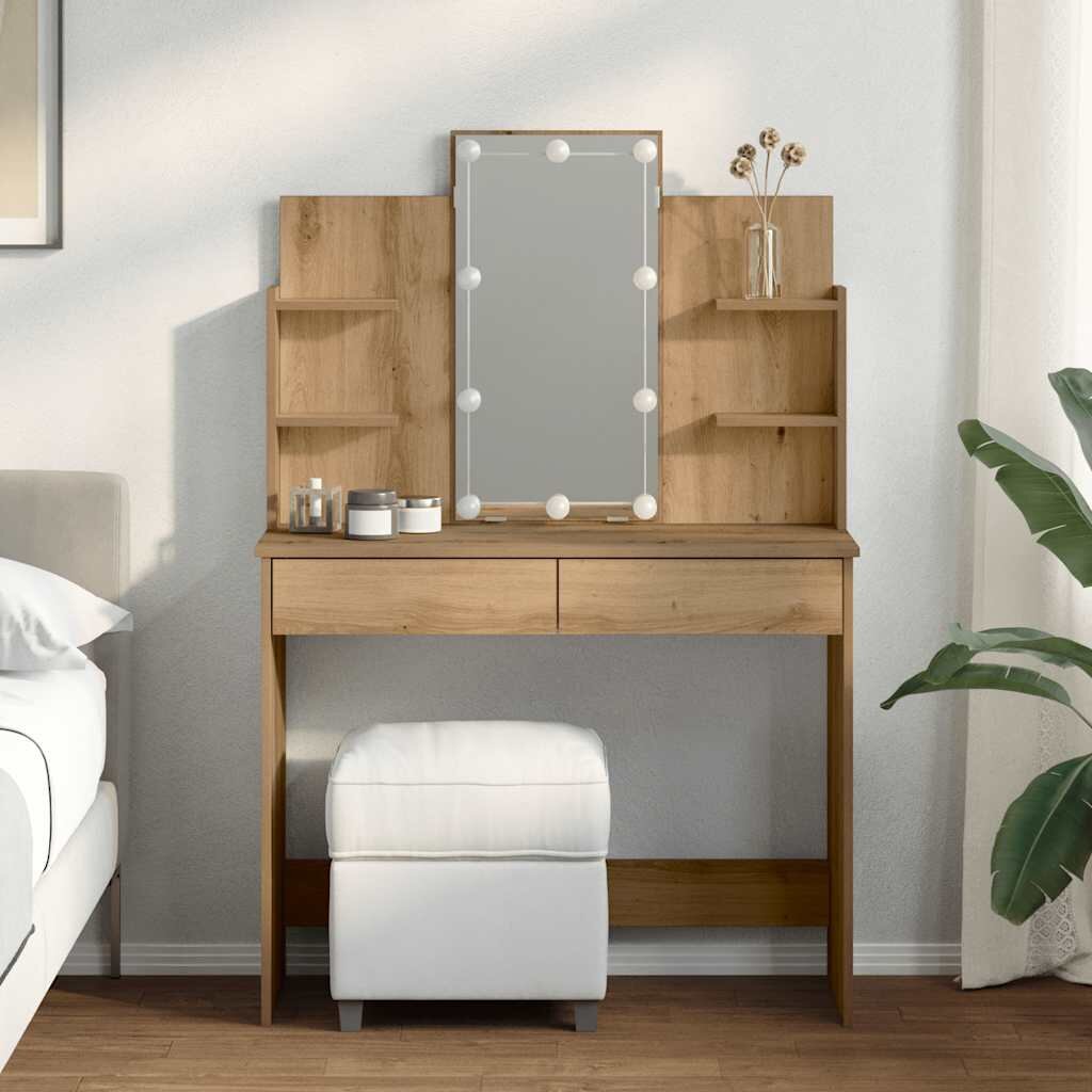 vidaXL Тоалетка с LED осветление Artisan Oak 96x40x142 cm