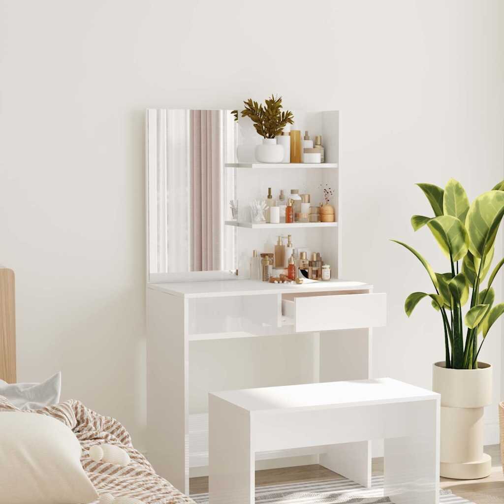 vidaXL Тоалетка с огледало бял гланц 745x40x141 см
