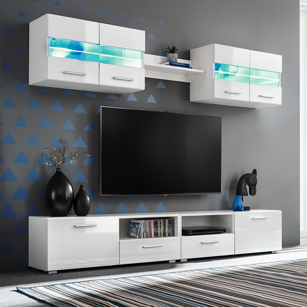 vidaXL ТВ секция от 5 части с LED осветление бял гланц