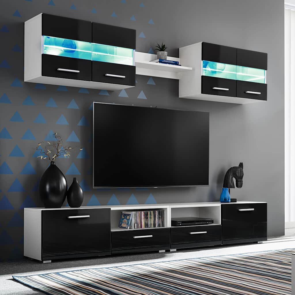 vidaXL ТВ секция от 5 части с LED осветление черен гланц