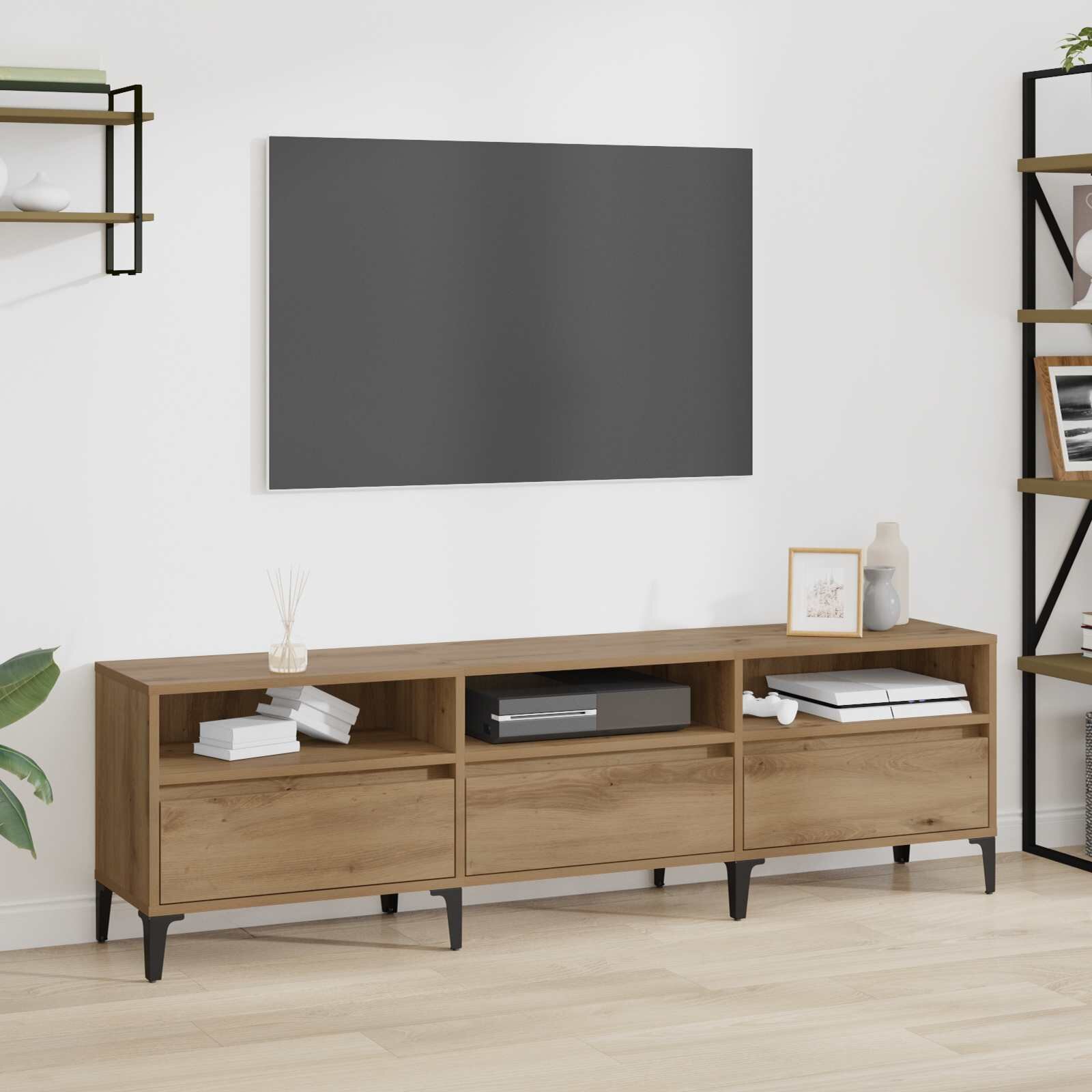 vidaXL ТВ шкаф 150 x 30 x 45 см Дъб Инженерна дървесина и желязо