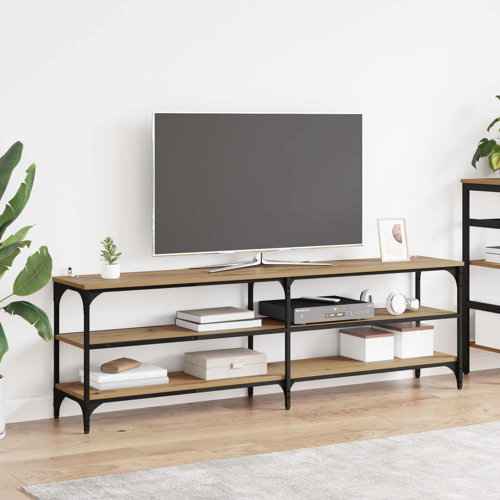 vidaXL ТВ шкаф 160 x 30 x 50 см Дъб Инженерна дървесина и желязо