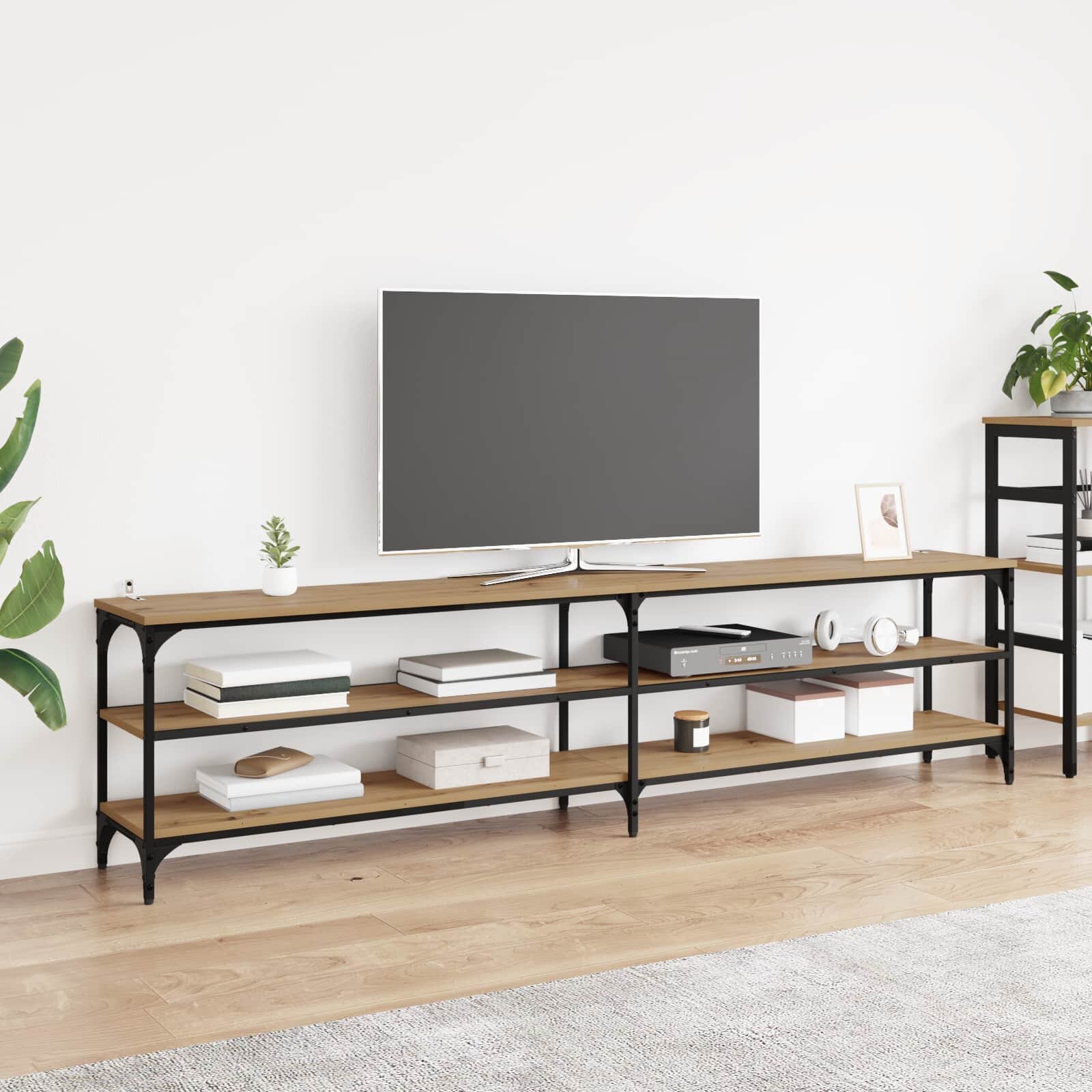 vidaXL ТВ шкаф 200 x 30 x 50 cm Дъб Инженерна дървесина и желязо