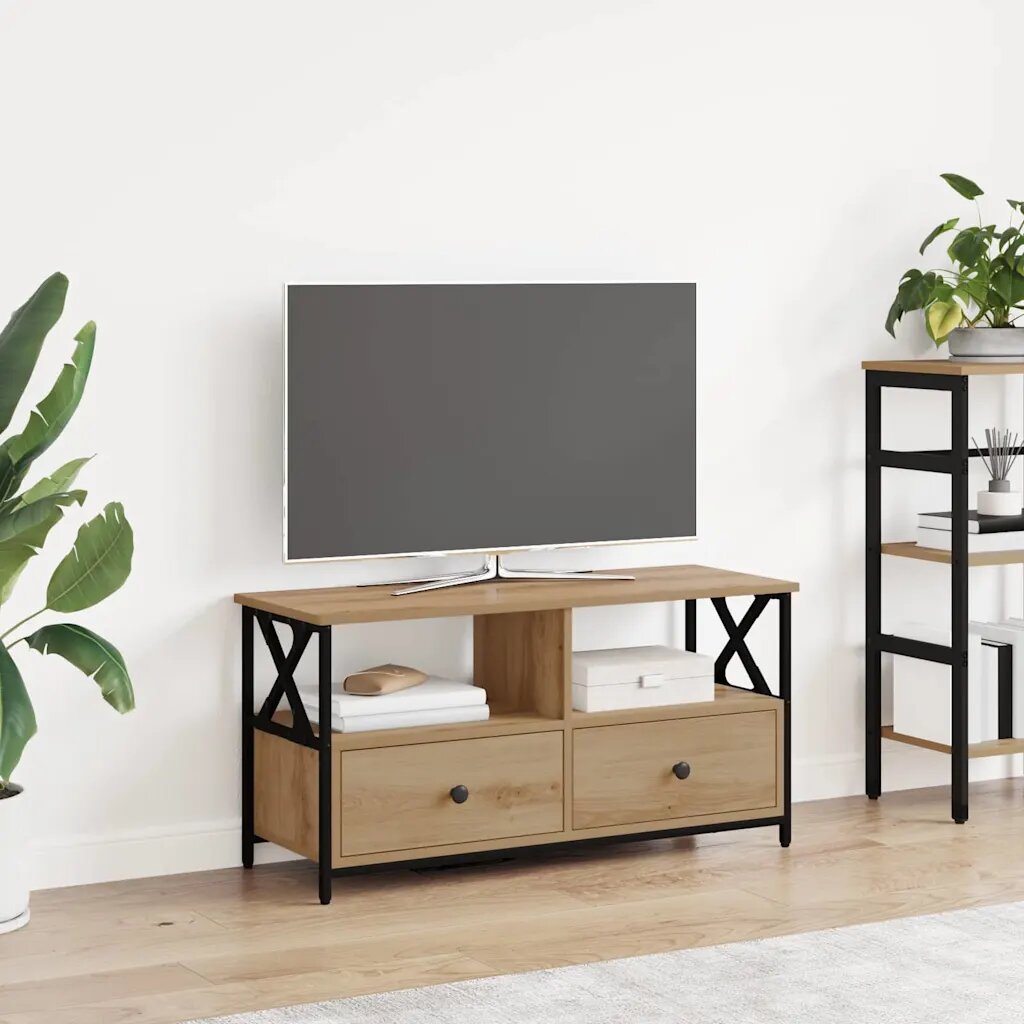 vidaXL ТВ шкаф 90 x 33 x 45 см Дъб Инженерна дървесина и стомана