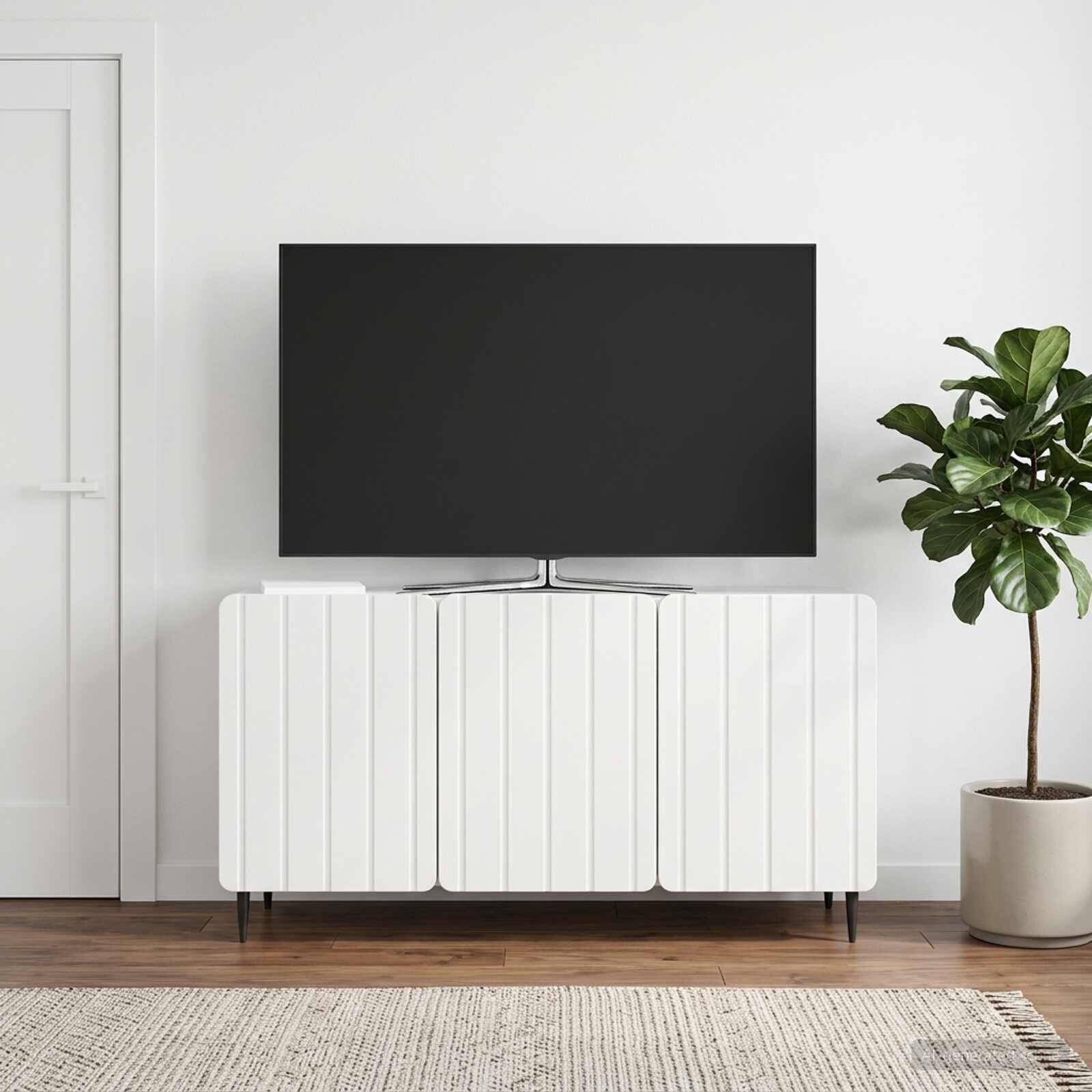 vidaXL ТВ шкаф 99 x 345 x 52 см Бял гланц Инженерна дървесина
