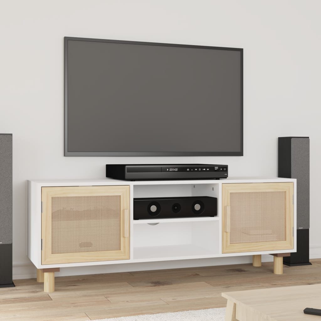 vidaXL ТВ шкаф бял 105x30x40 см бор масив и естествен ратан