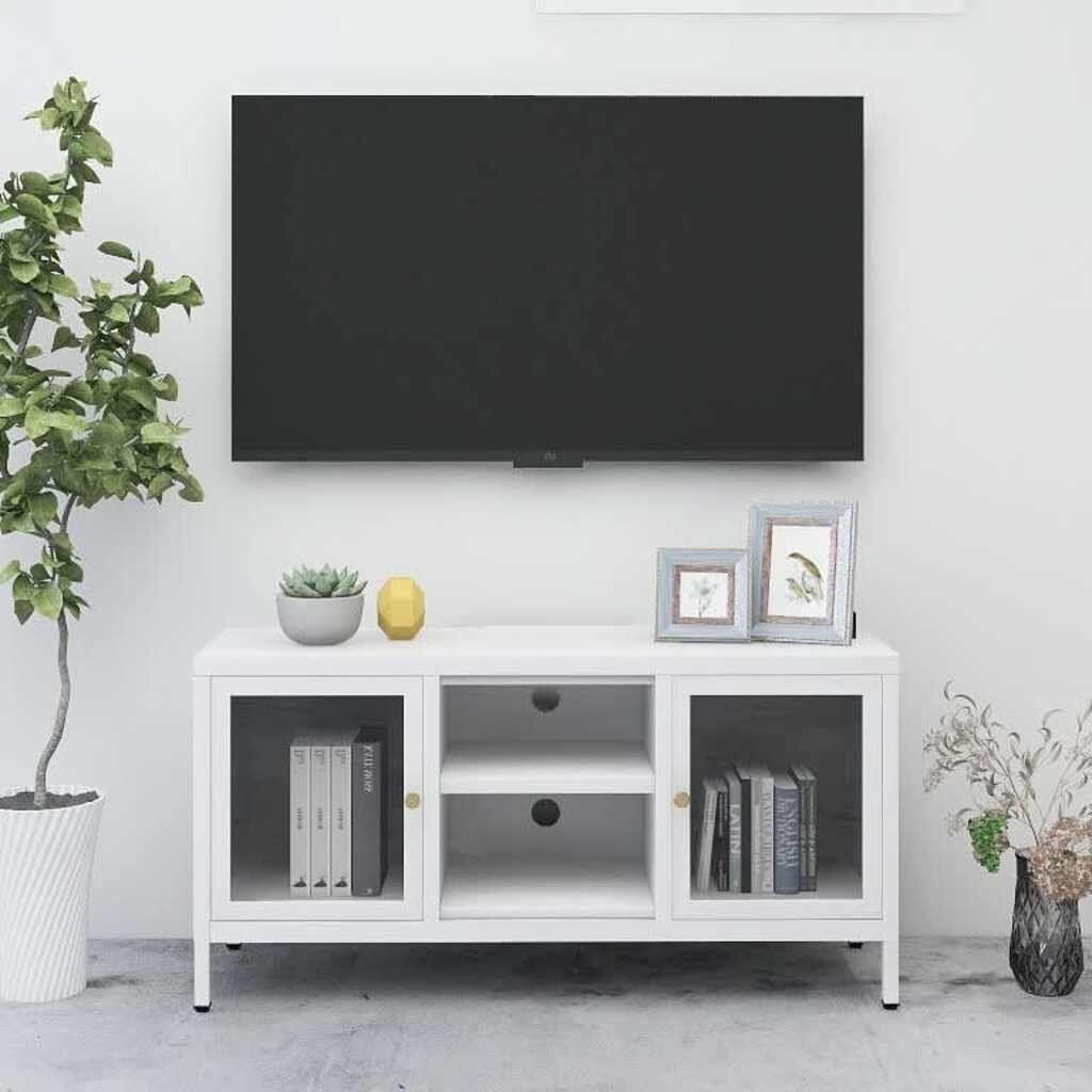 vidaXL ТВ шкаф бял 105x35x52 см стомана и стъкло