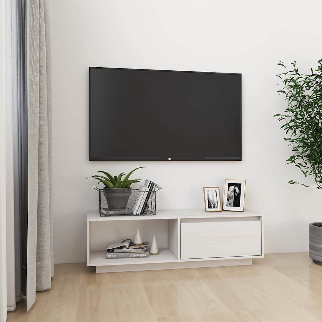 vidaXL ТВ шкаф бял 110x30x335 см борово дърво масив