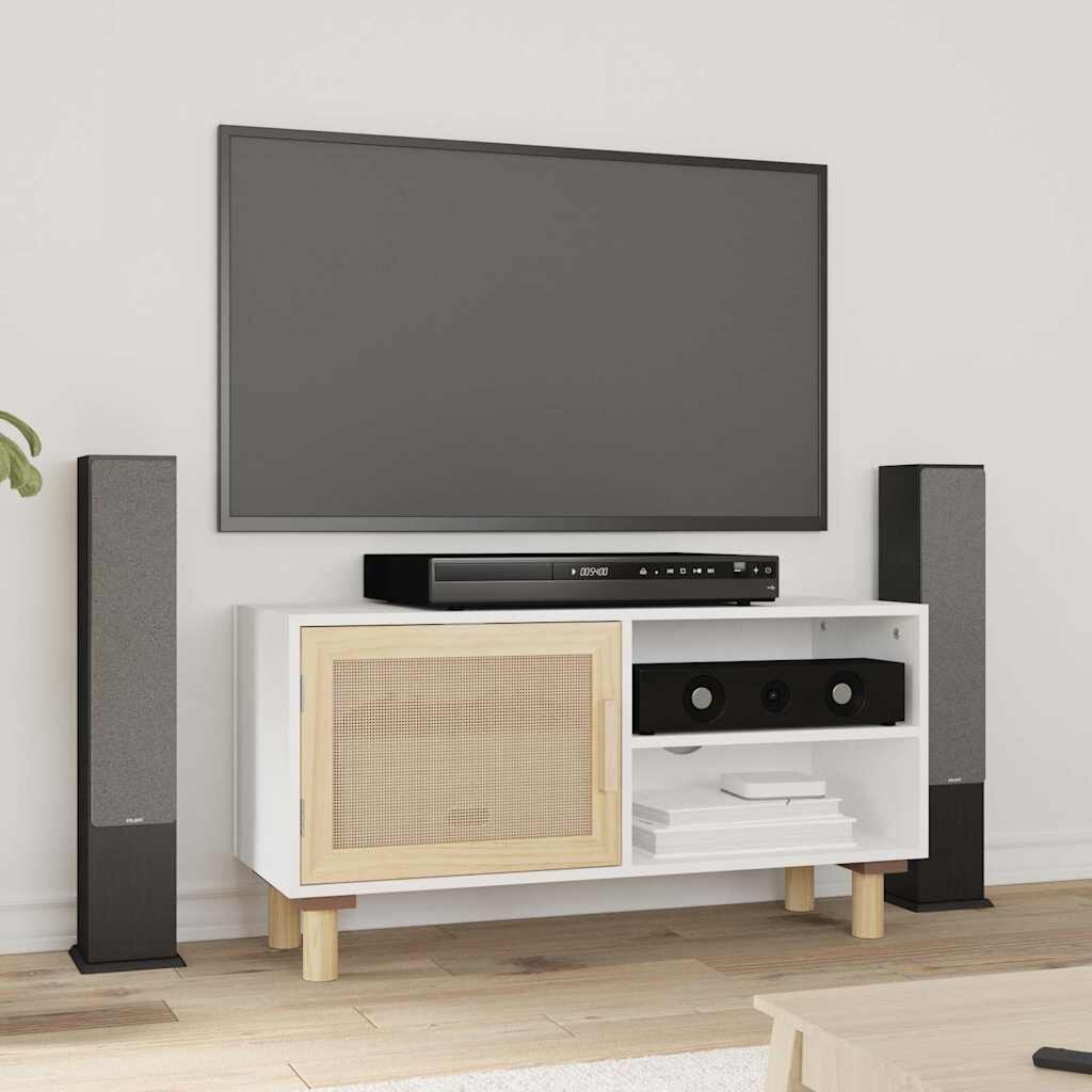 vidaXL ТВ шкаф бял 80x30x40 см бор масив и естествен ратан
