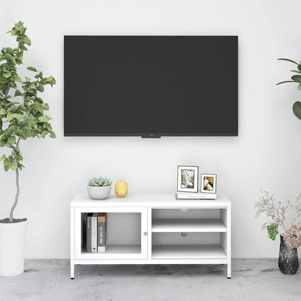 vidaXL ТВ шкаф бял 90x30x44 см стомана и стъкло
