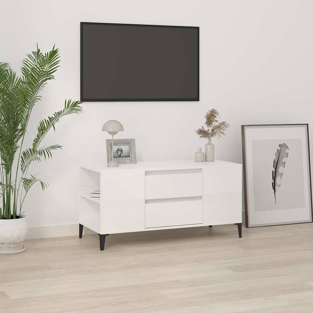 vidaXL ТВ шкаф бял гланц 102x445x50 см инженерно дърво