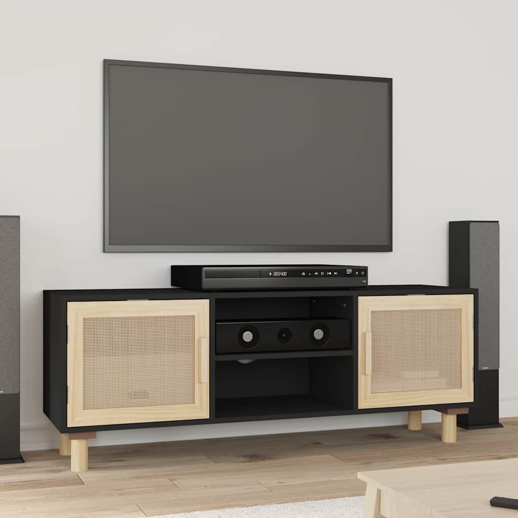 vidaXL ТВ шкаф черен 105x30x40 см бор масив и естествен ратан