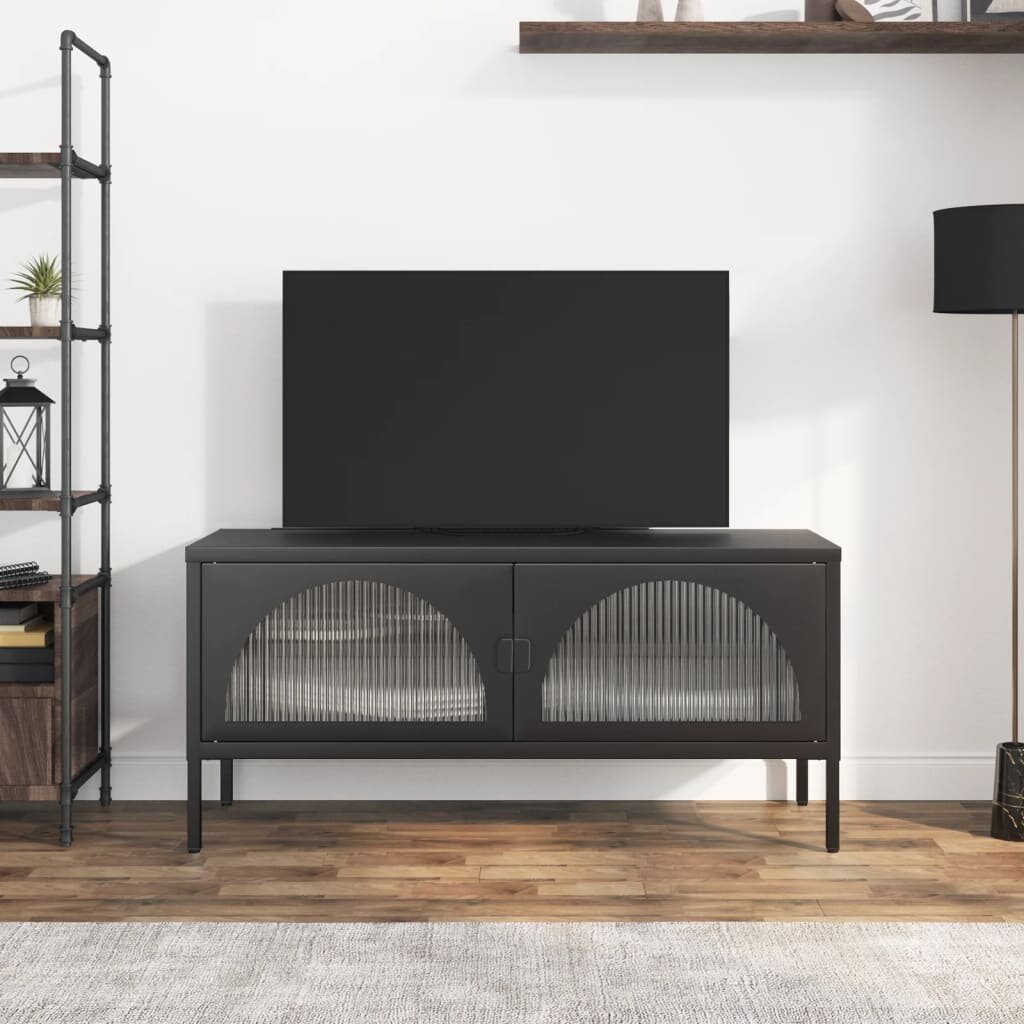 vidaXL ТВ шкаф черен 105x35x50 см стъкло и стомана