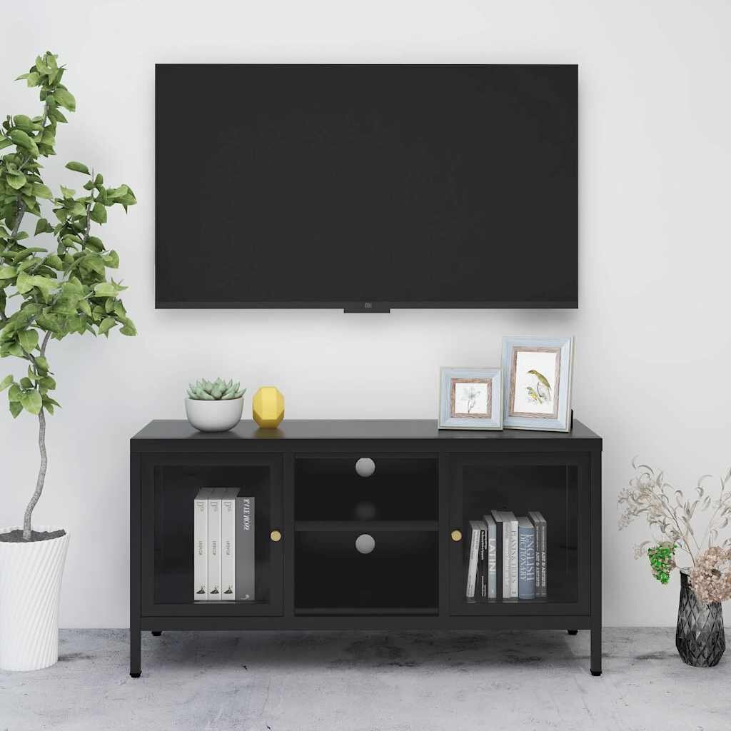 vidaXL ТВ шкаф черен 105x35x52 см стомана и стъкло