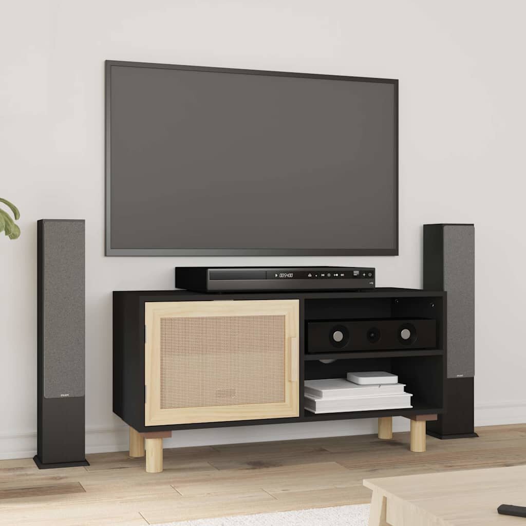 vidaXL ТВ шкаф черен 80x30x40 см бор масив и естествен ратан