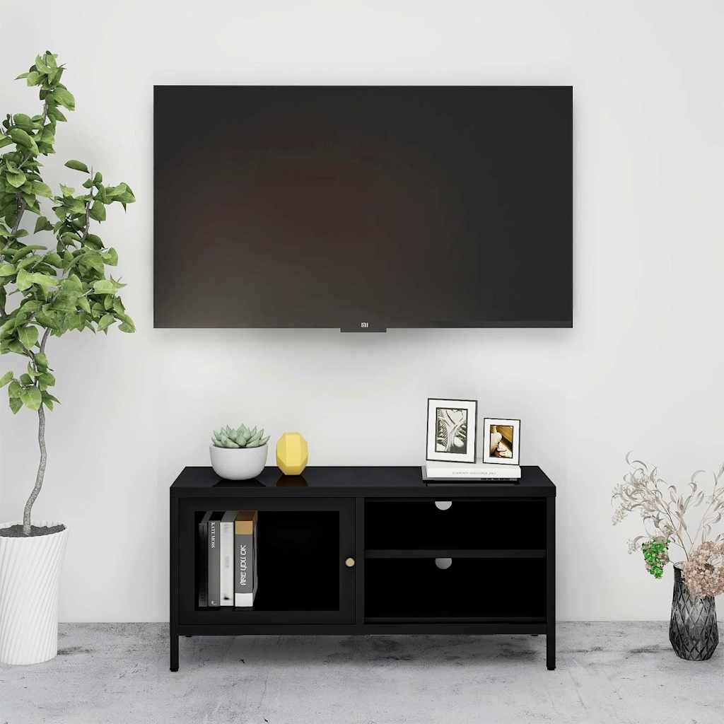 vidaXL ТВ шкаф черен 90x30x44 см стомана и стъкло