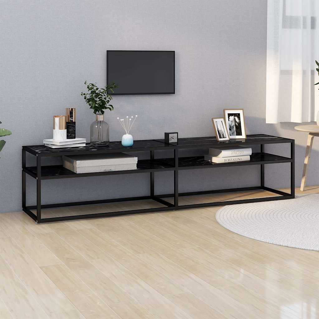 vidaXL ТВ шкаф черен мрамор 180x40x405 см закалено стъкло