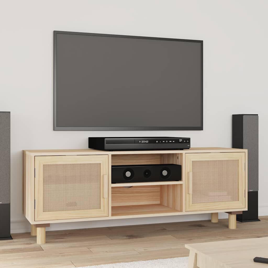 vidaXL ТВ шкаф кафяв 105x30x40 см бор масив и естествен ратан
