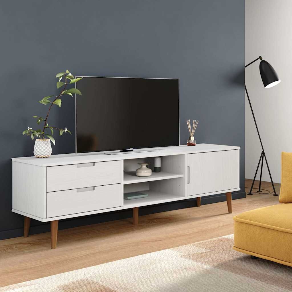 vidaXL ТВ шкаф MOLDE бял 158x40x49 см борово дърво масив