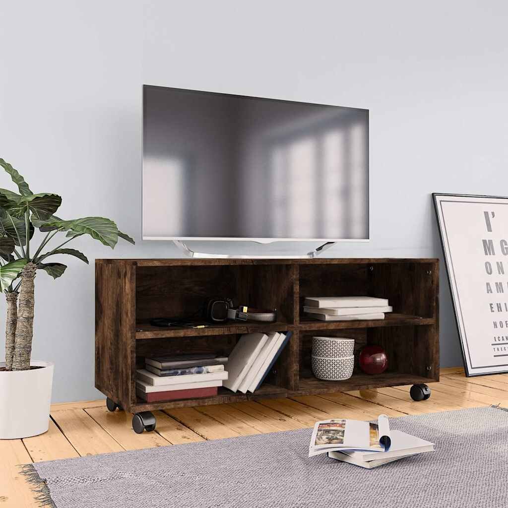 vidaXL ТВ шкаф на колелца опушен дъб 90x35x35 см инженерно дърво