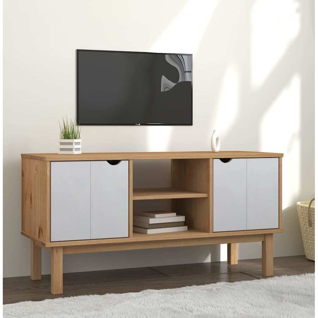 vidaXL ТВ шкаф OTTA кафяво и бяло 1135x43x57 см бор масив