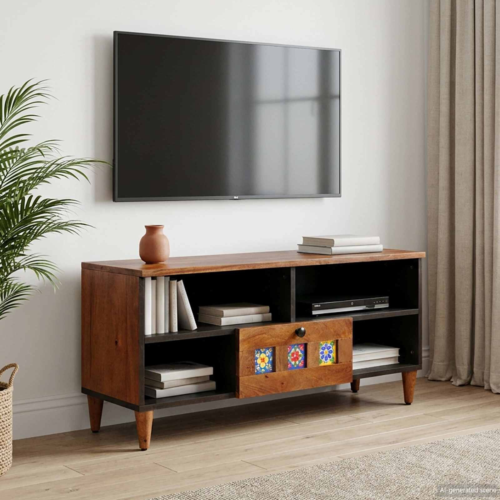 vidaXL ТВ шкаф с чекмедже Орех 100 x 33 x 46 см Солидно мангово дърво
