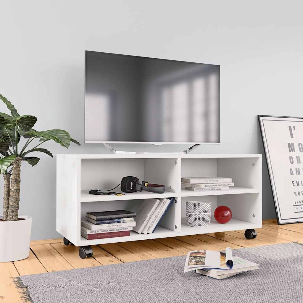vidaXL ТВ шкаф с колелца бял 90x35x35 см инженерно дърво
