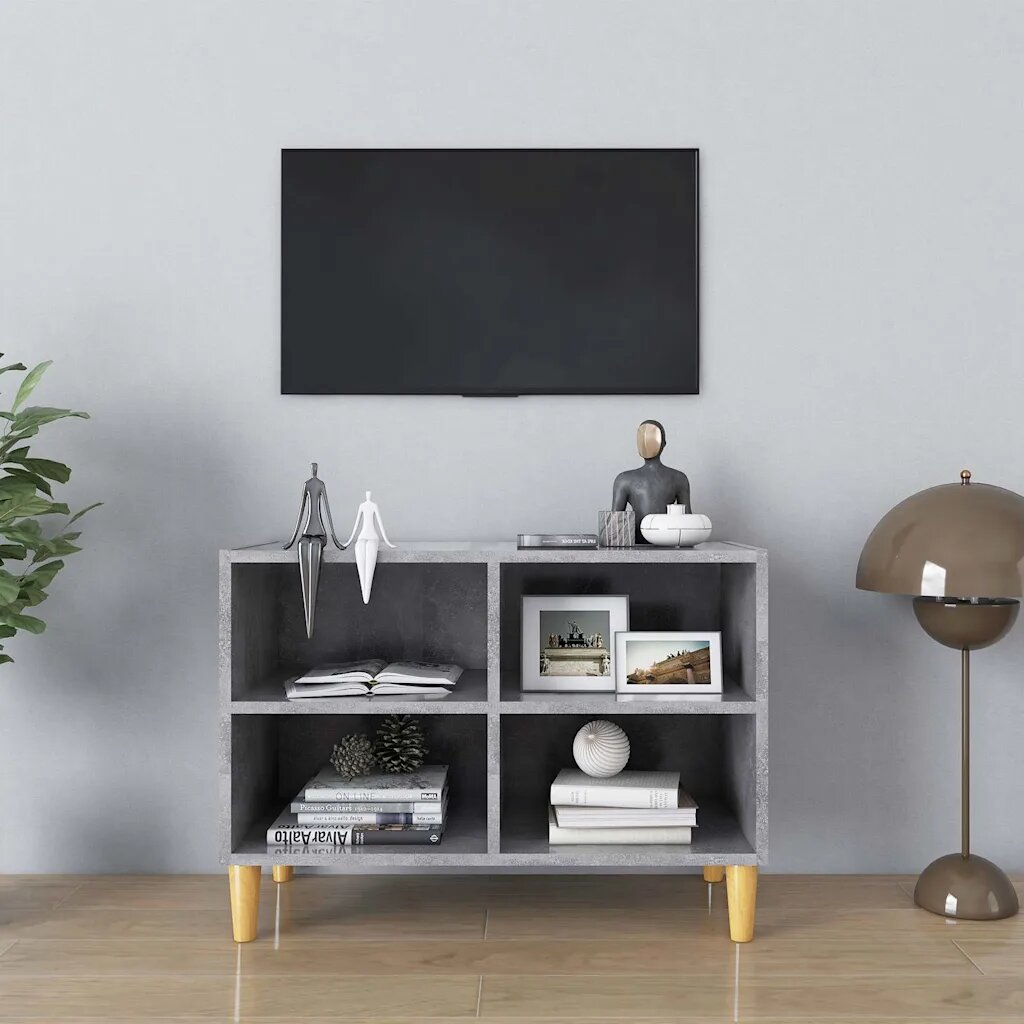 vidaXL ТВ шкаф с крака от дърво масив бетонно сив 695x30x50 см