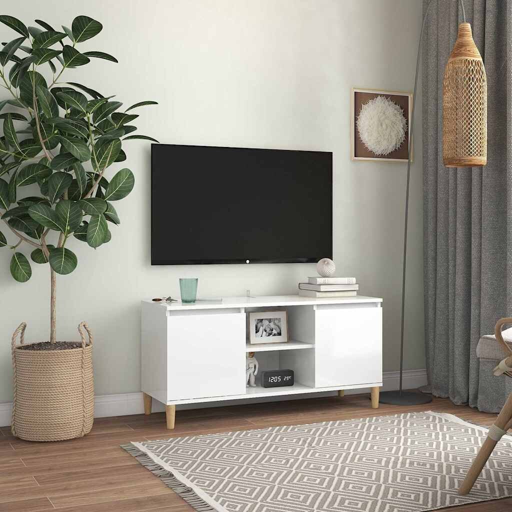 vidaXL ТВ шкаф с крака от масивно дърво бял гланц 1035x35x50 см