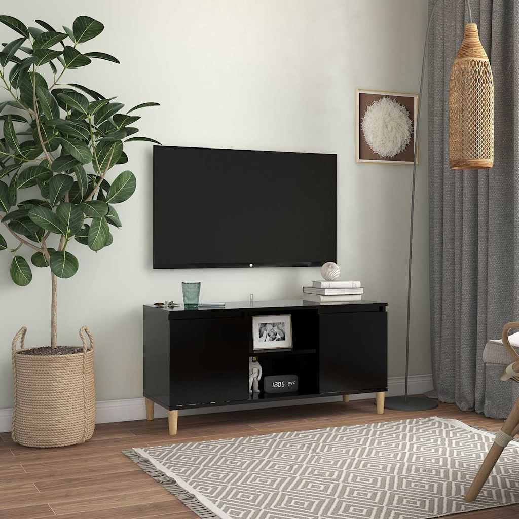 vidaXL ТВ шкаф с крака от масивно дърво черен 1035x35x50 см