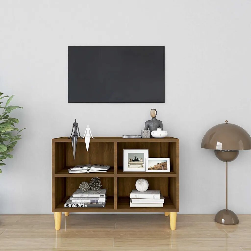 vidaXL ТВ шкаф с крака от масивно дърво кафяв дъб 695x30x50 см