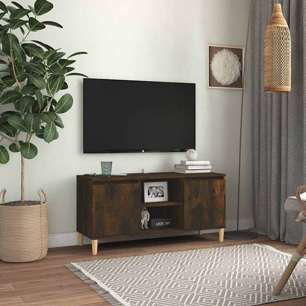 vidaXL ТВ шкаф с крака от масивно дърво опушен дъб 1035x35x50 см