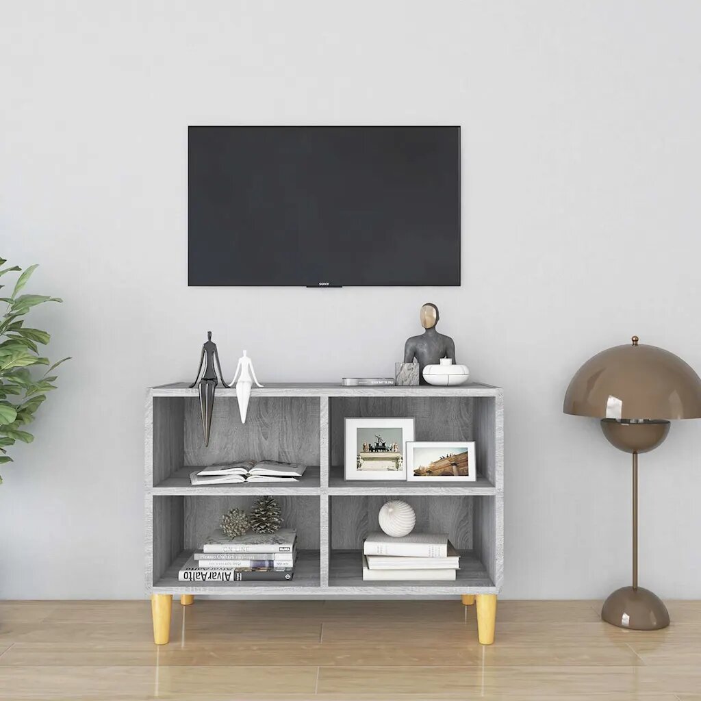 vidaXL ТВ шкаф с крака от масивно дърво сив сонома 695x30x50 см