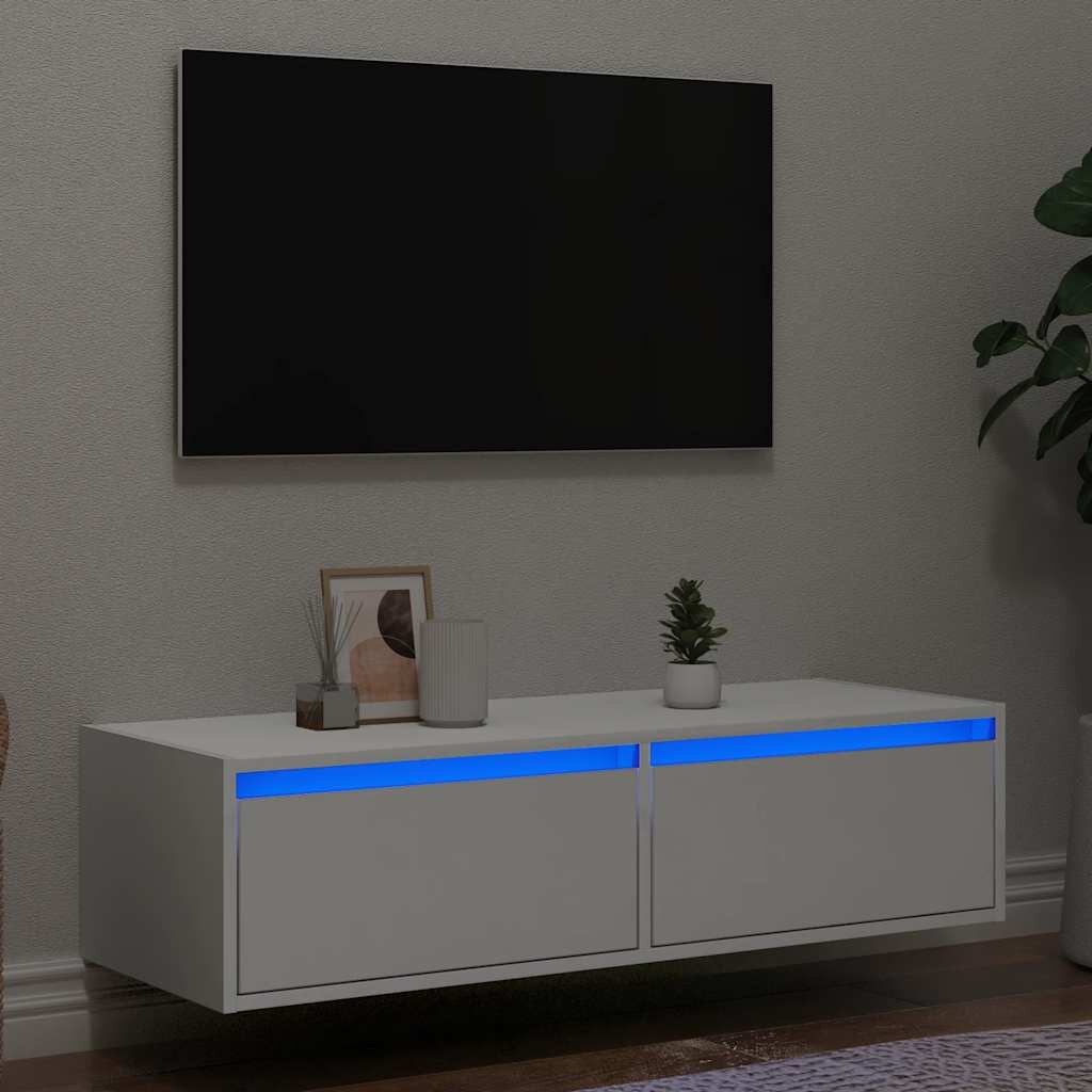 vidaXL ТВ шкаф с LED осветление бял 100X355x25 см