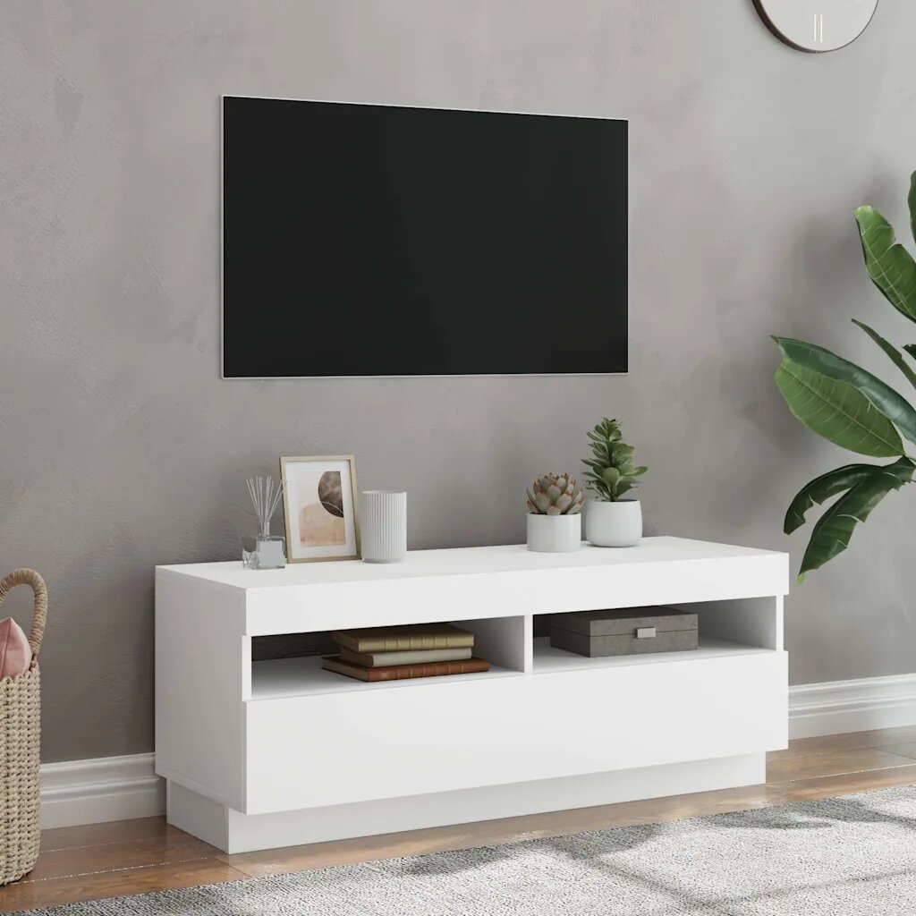 vidaXL ТВ шкаф с LED осветление бял 100x35x40 см