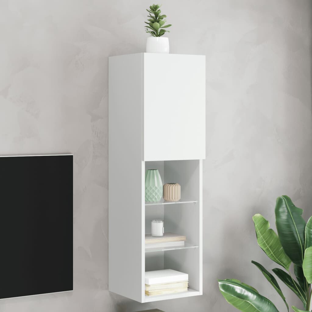 vidaXL ТВ шкаф с LED осветление бял 305x30x102 см
