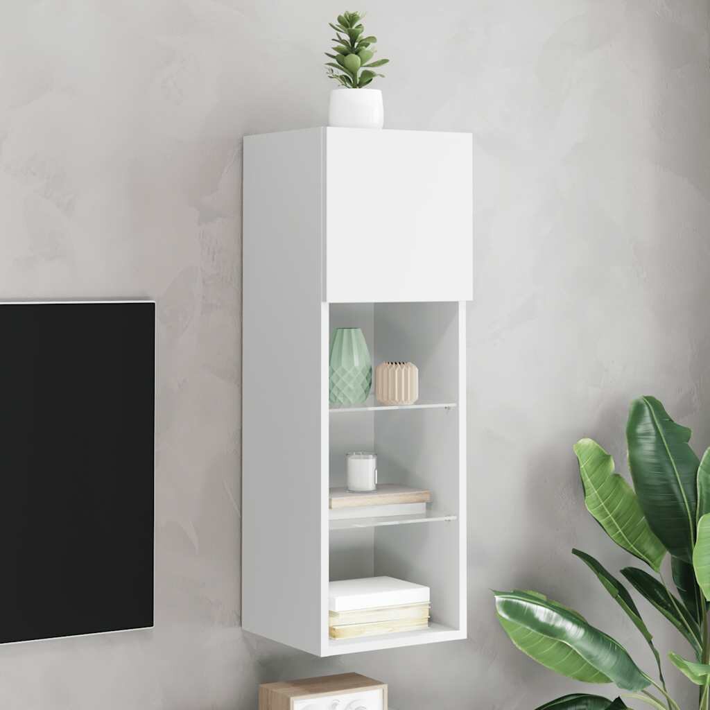 vidaXL ТВ шкаф с LED осветление бял 305x30x90 см