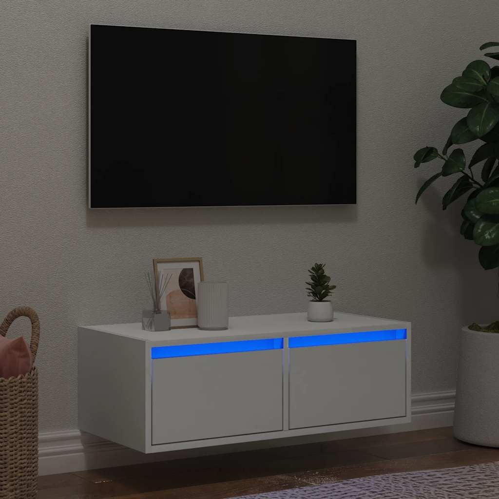 vidaXL ТВ шкаф с LED осветление бял 75x355x25 см
