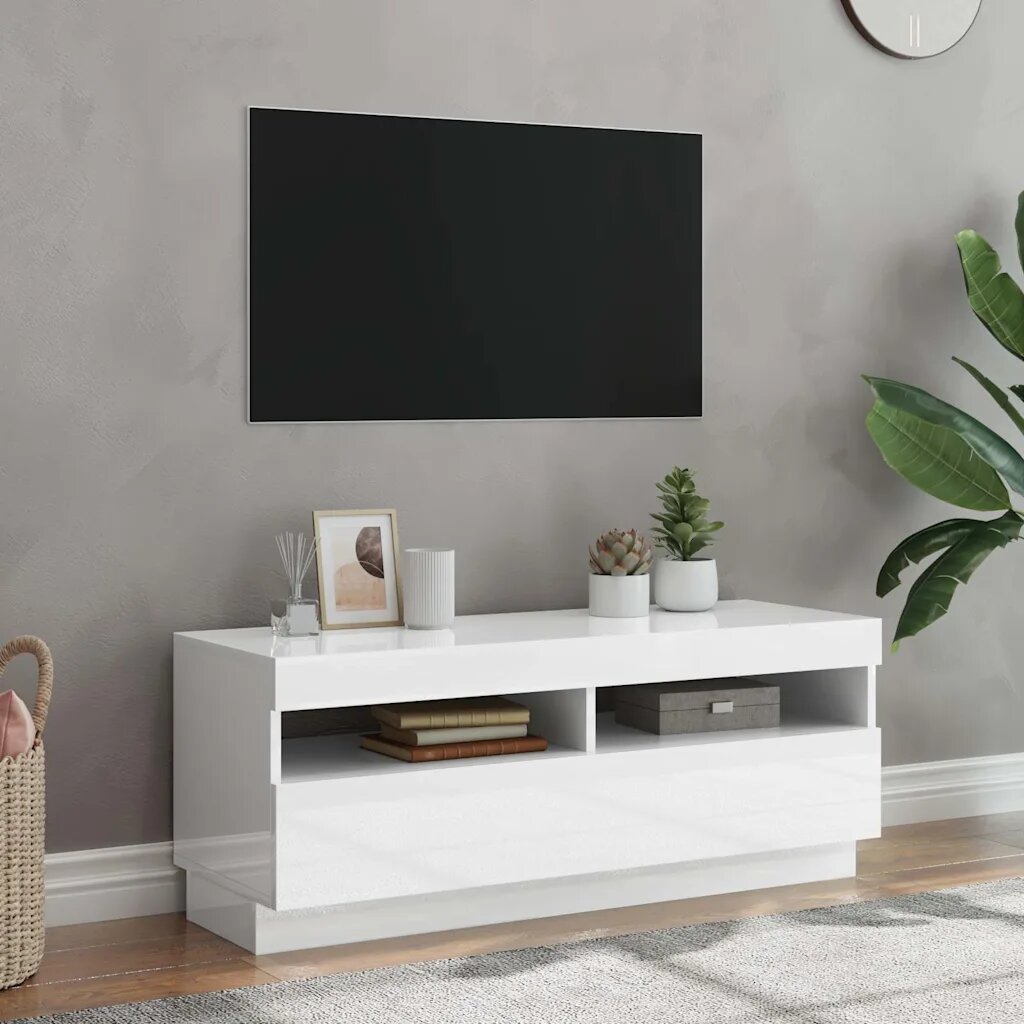 vidaXL ТВ шкаф с LED осветление бял гланц 100x35x40 см