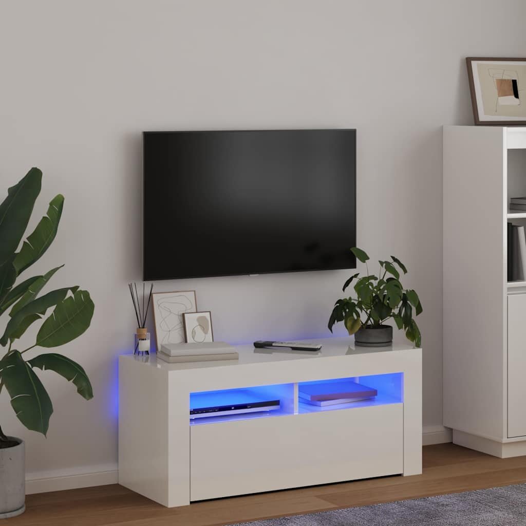 vidaXL ТВ шкаф с LED осветление бял гланц 90x35x40 см