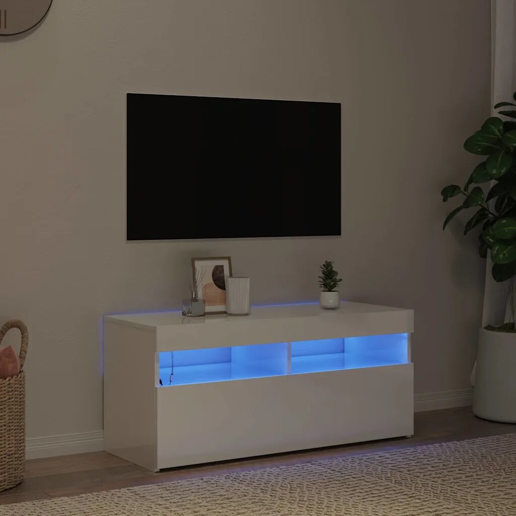 vidaXL ТВ шкаф с LED осветление бял гланц 90x35x40 см