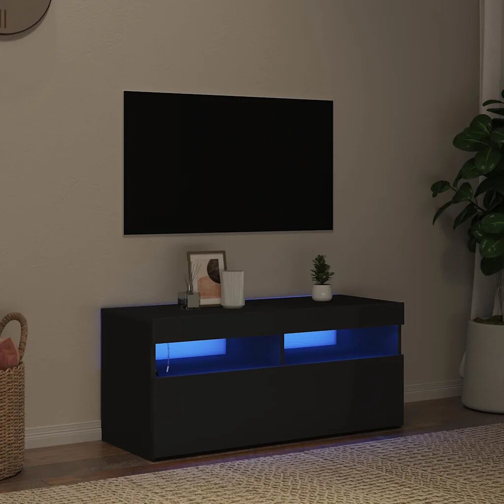 vidaXL ТВ шкаф с LED осветление черен 90x35x40 см
