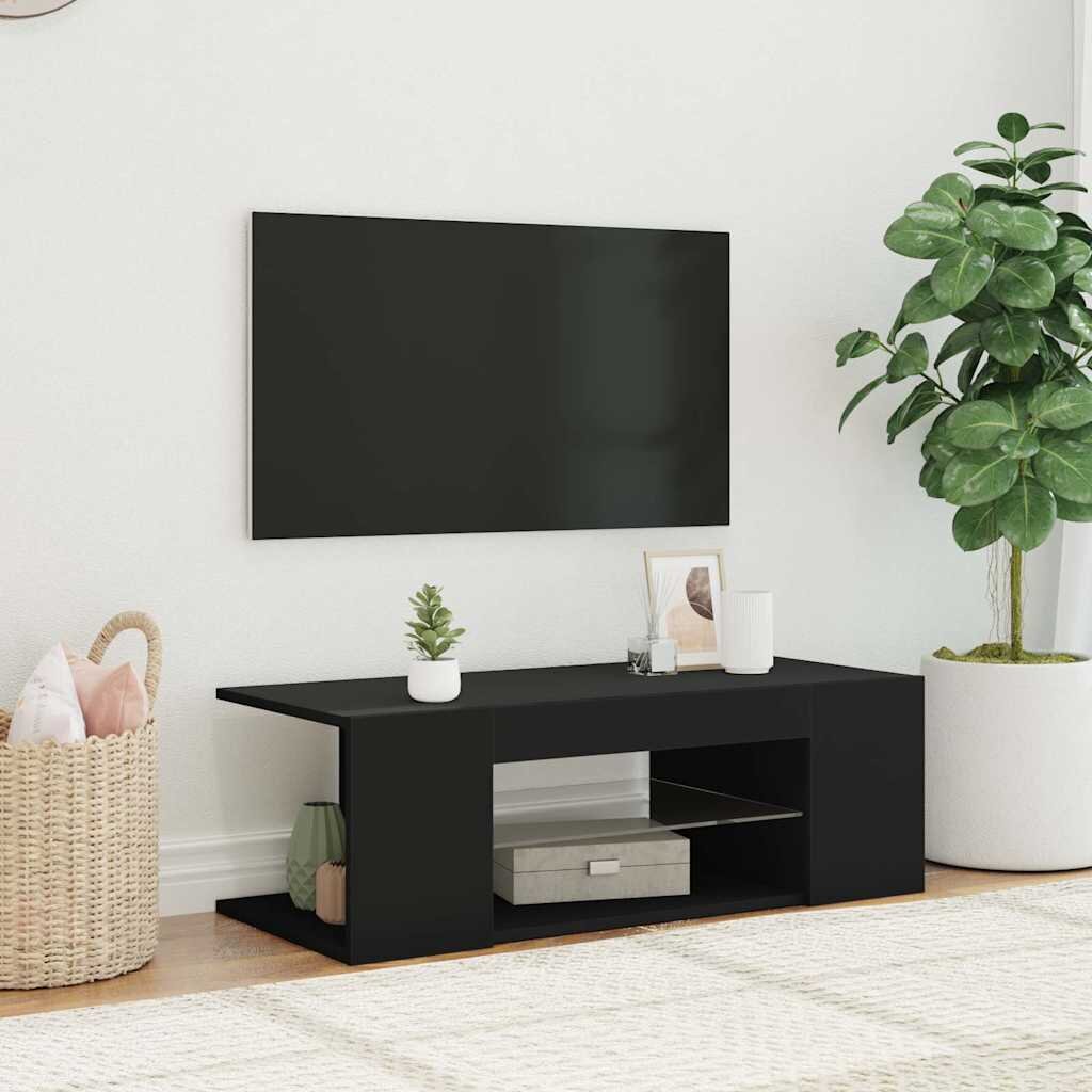 vidaXL ТВ шкаф с LED осветление черен 90x39x30 см