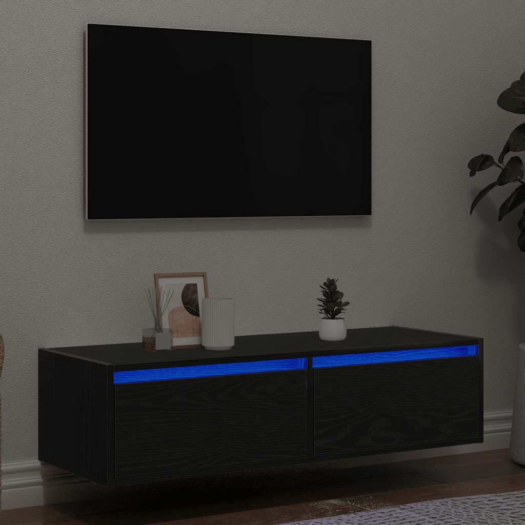 vidaXL ТВ шкаф с LED осветление Черен дъб 100X355x25 см