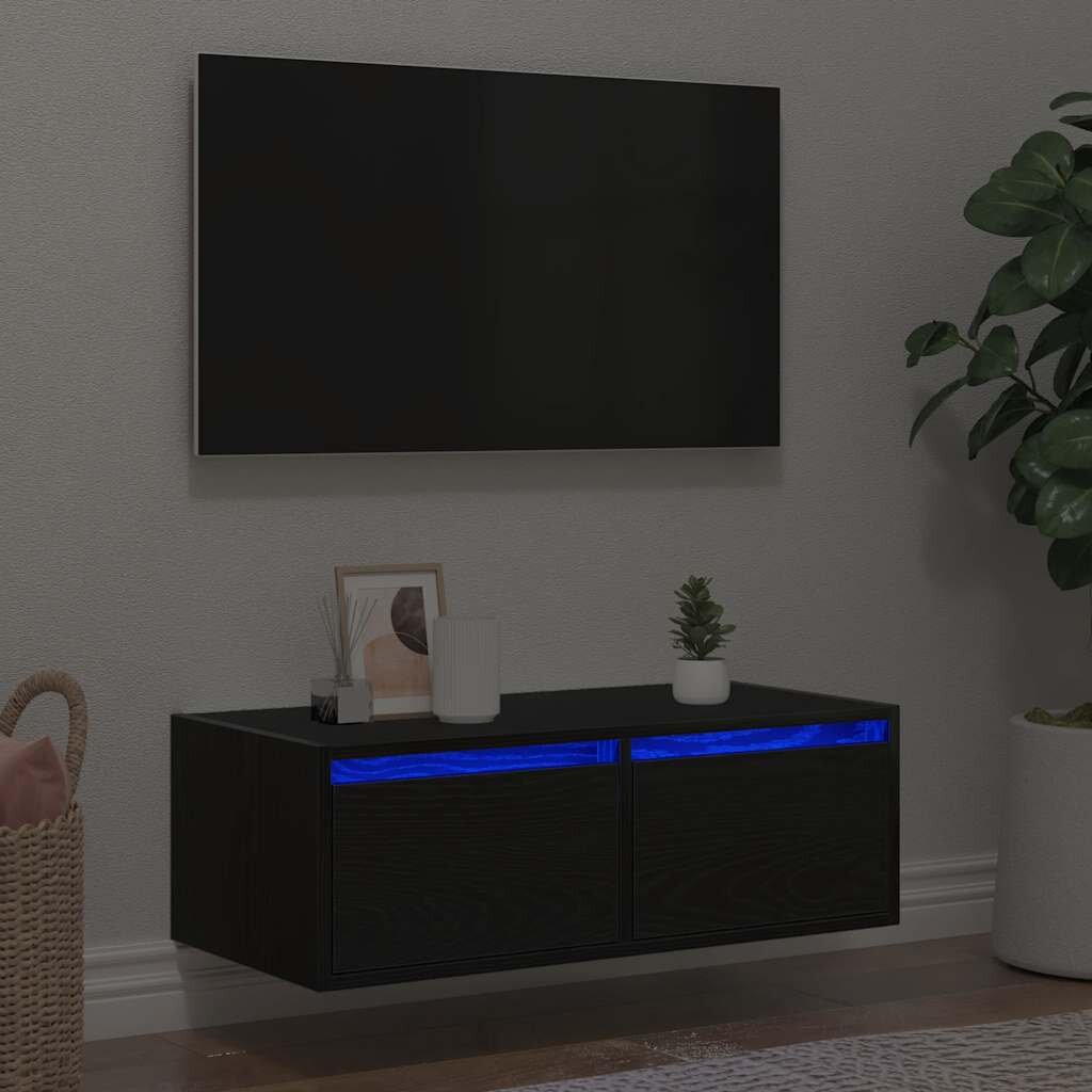 vidaXL ТВ шкаф с LED осветление Черен дъб 75x355x25 см