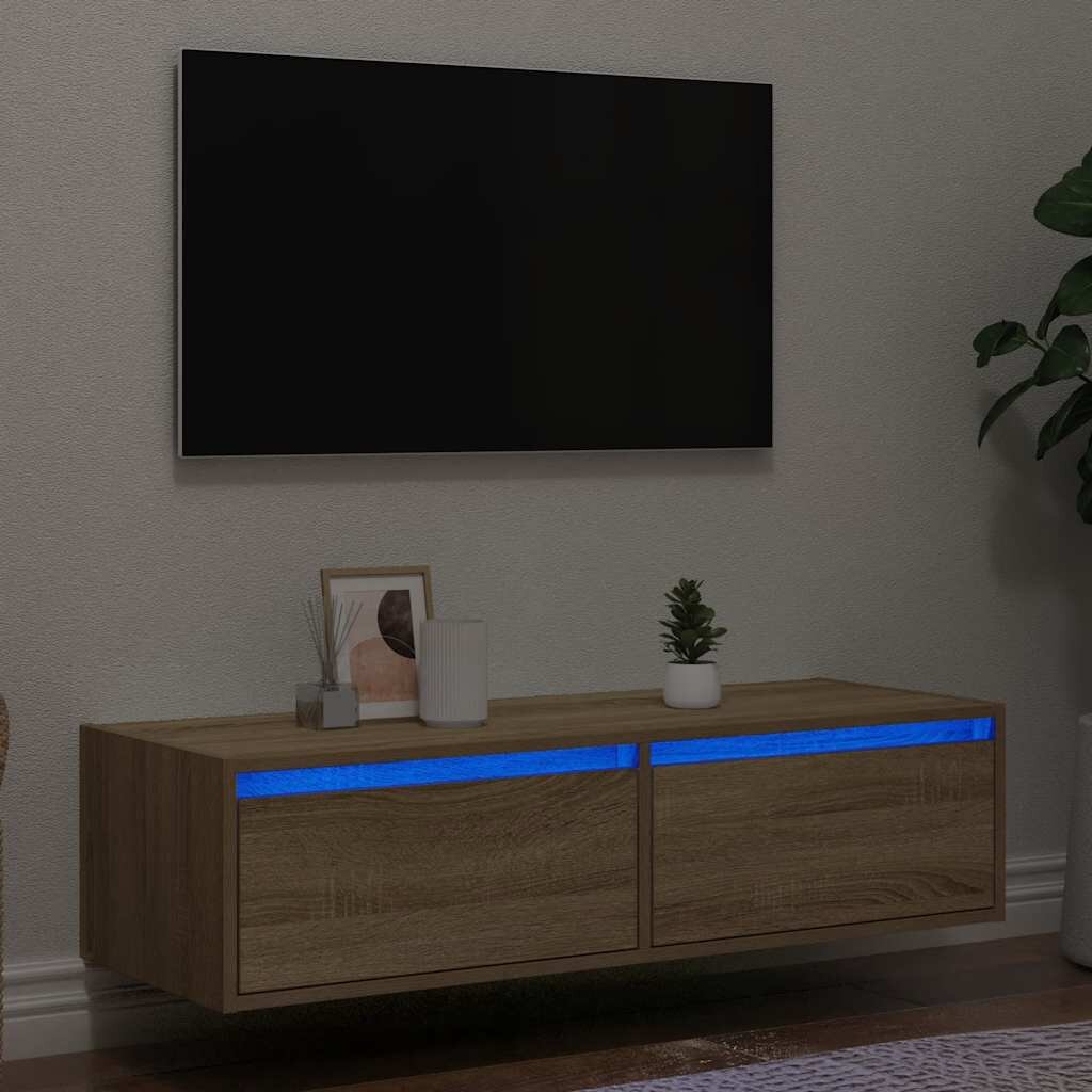 vidaXL ТВ шкаф с LED осветление дъб сонома 100X355x25 см