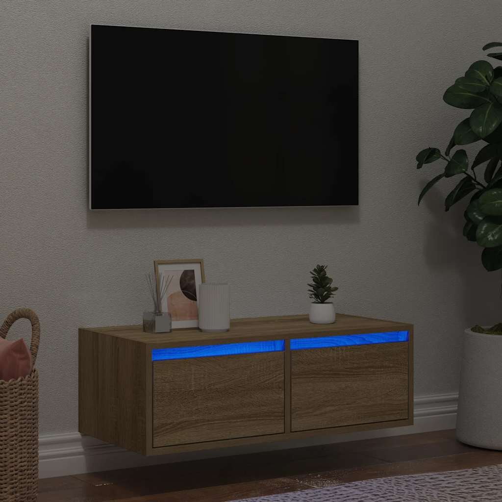 vidaXL ТВ шкаф с LED осветление дъб сонома 75x355x25 см